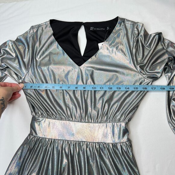NWT New York Co Metallic Maxi Dress Iridescent Silver Balloon Sleeve Party XS - Picture 4 of 12